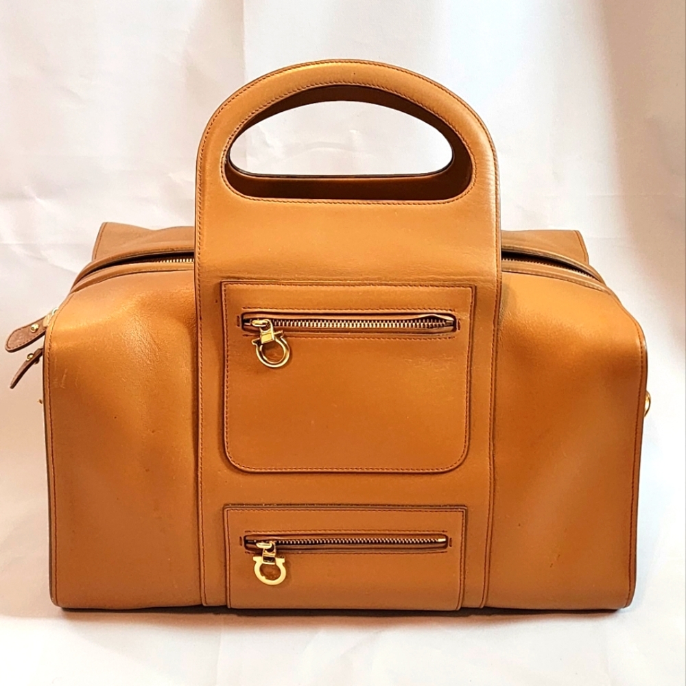 Tan Salvatore Ferragamo Calf Skin Biscotto Overnight Bag